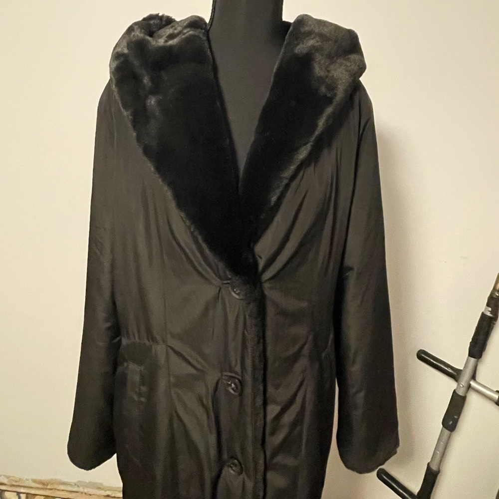 Vintage Calvin Klein fur reversible maxi coat hooded medium black